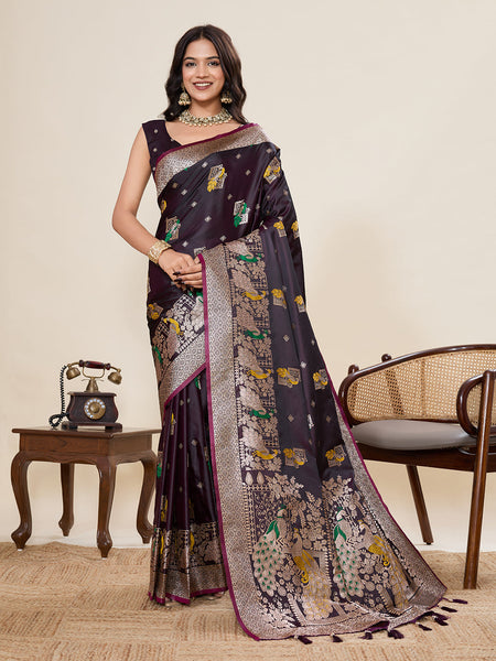 Vedant Vastram Soft Litchi Silk Banarasi Silk Jacquard Saree - Wine