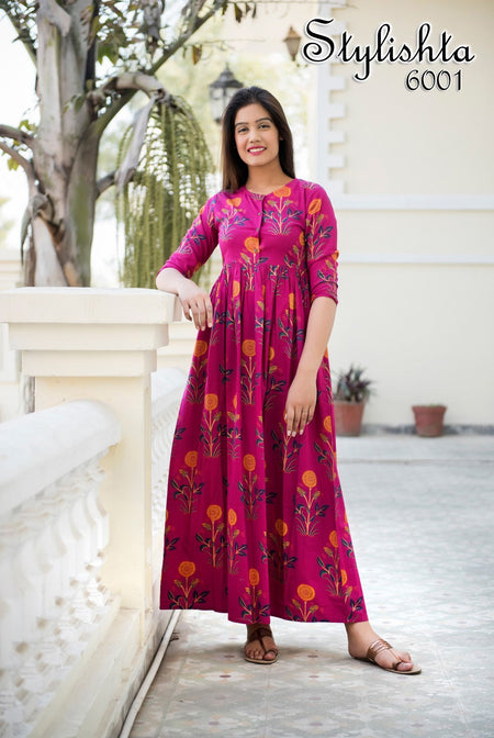 Designer Partywear Printed Pink Pure Maslin Gown - Anbazaar
