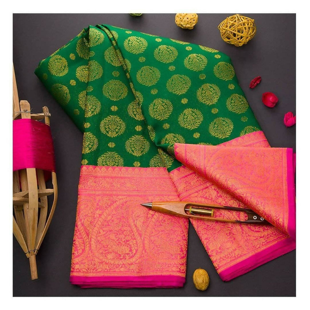 DEIANA'S Beautiful Designer Golden zari Soft Lichi Silk Saree - Green