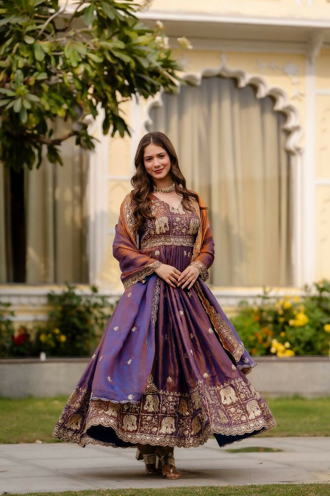 Teeya Creation Wine Primium Fendy Satin Silk Embroidery Work Wedding Wear Gown - Distacart