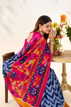 Vastranavya Blue Tussar Silk Zigzag Waves Printed Saree with Unstitched Blouse - Distacart