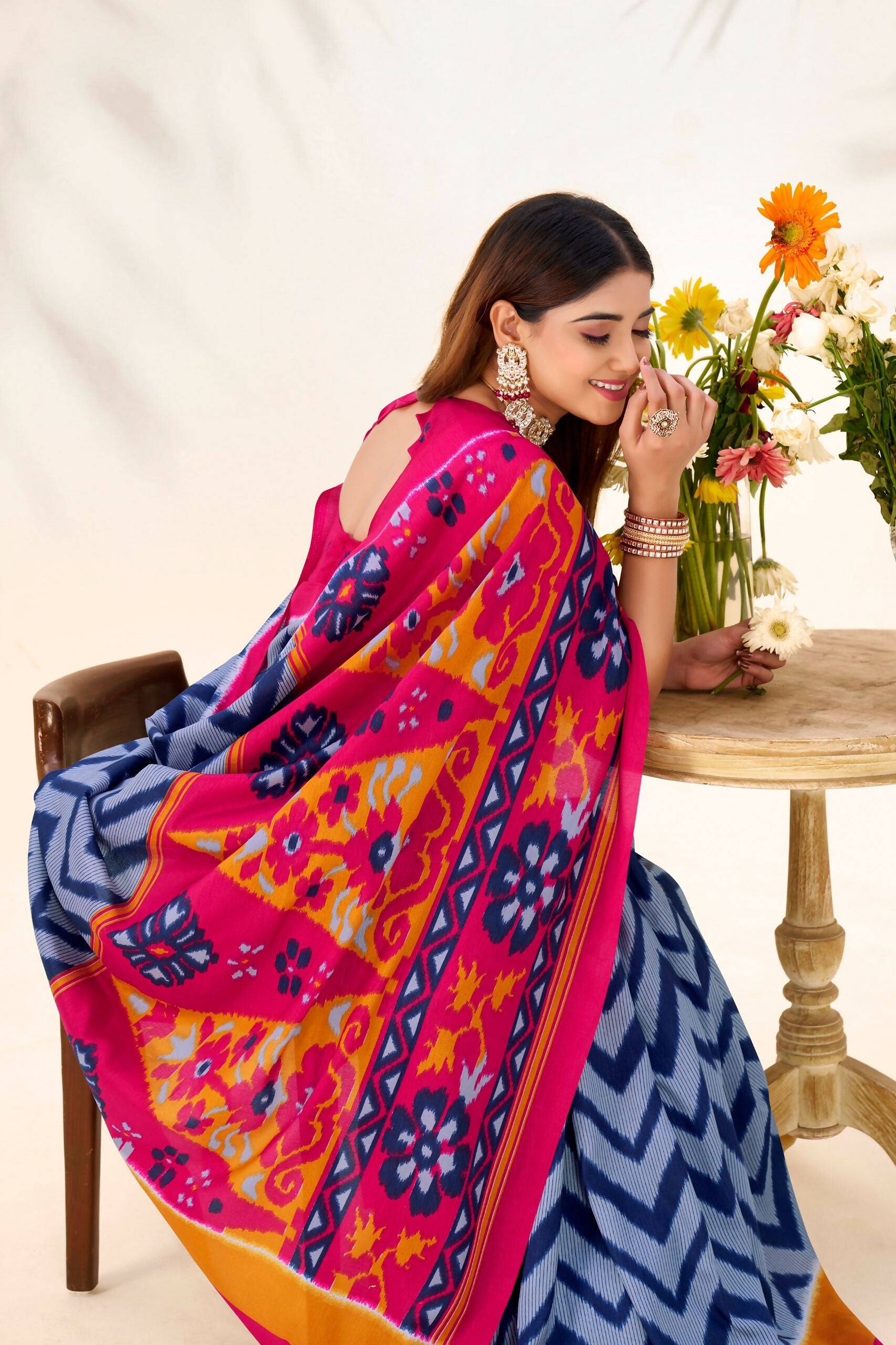 Vastranavya Blue Tussar Silk Zigzag Waves Printed Saree with Unstitched Blouse - Distacart