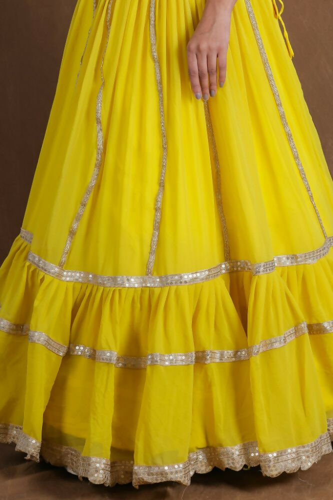 Yellow Georgette Zari Sequence Embroidery With Foil Mirror Work Lehenga Choli - Jihu Culture