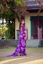Vastranavya Purple Chiffon Floral Printed & Pearl Lace Border Saree with Unstitched Blouse