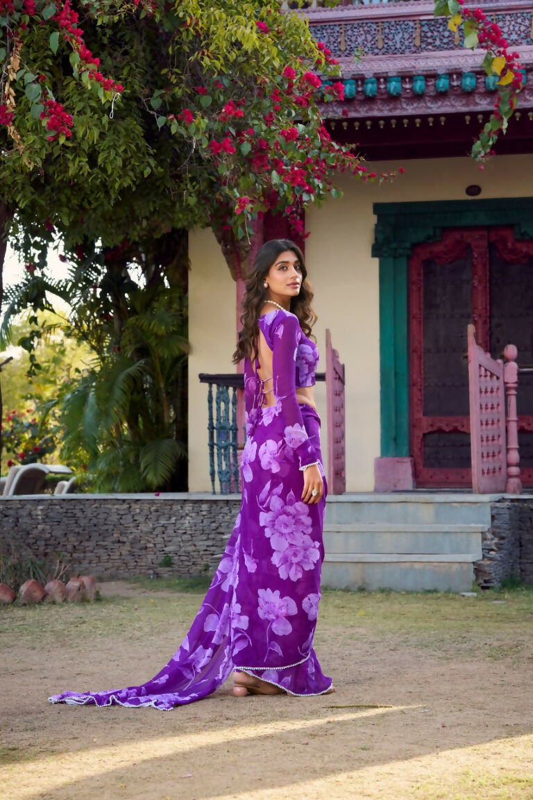 Vastranavya Purple Chiffon Floral Printed & Pearl Lace Border Saree with Unstitched Blouse