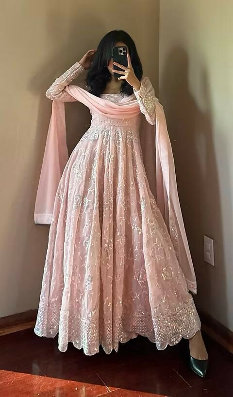 Teeya Creation Light Peach Color Faux Georgette Long Party Wear Gown - Distacart