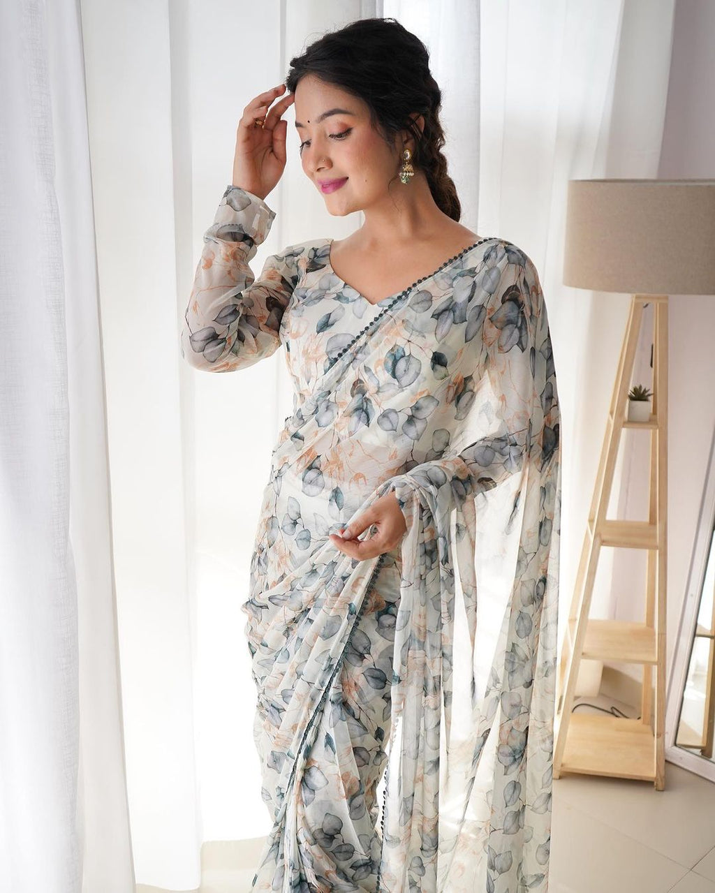 Teeya Creation Grey Color Tabby Silk Fabric ready To Wear Saree