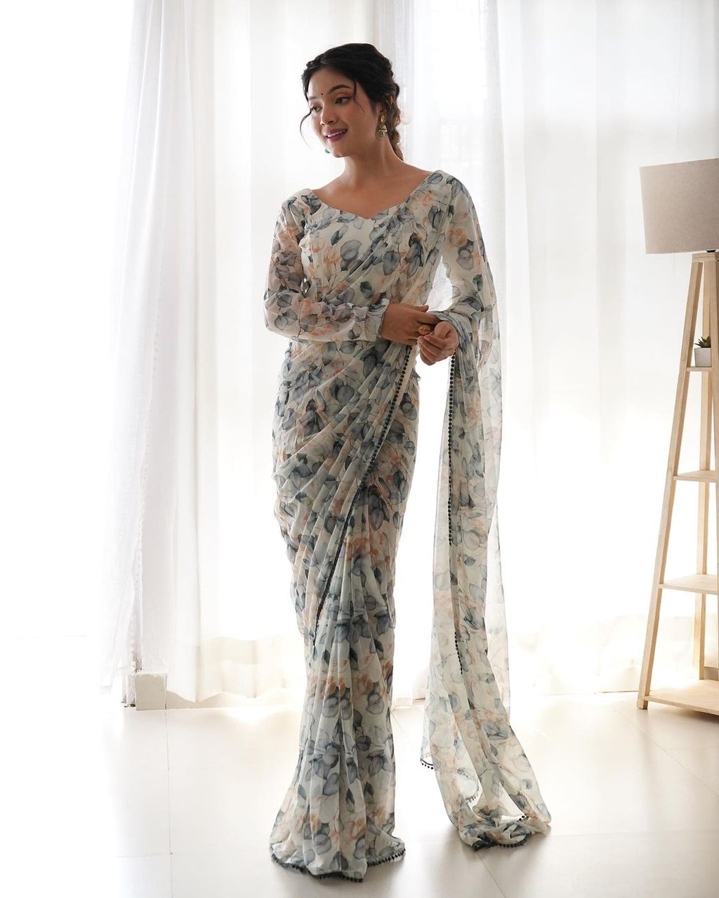 Teeya Creation Grey Color Tabby Silk Fabric ready To Wear Saree