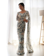 Teeya Creation Grey Color Tabby Silk Fabric ready To Wear Saree