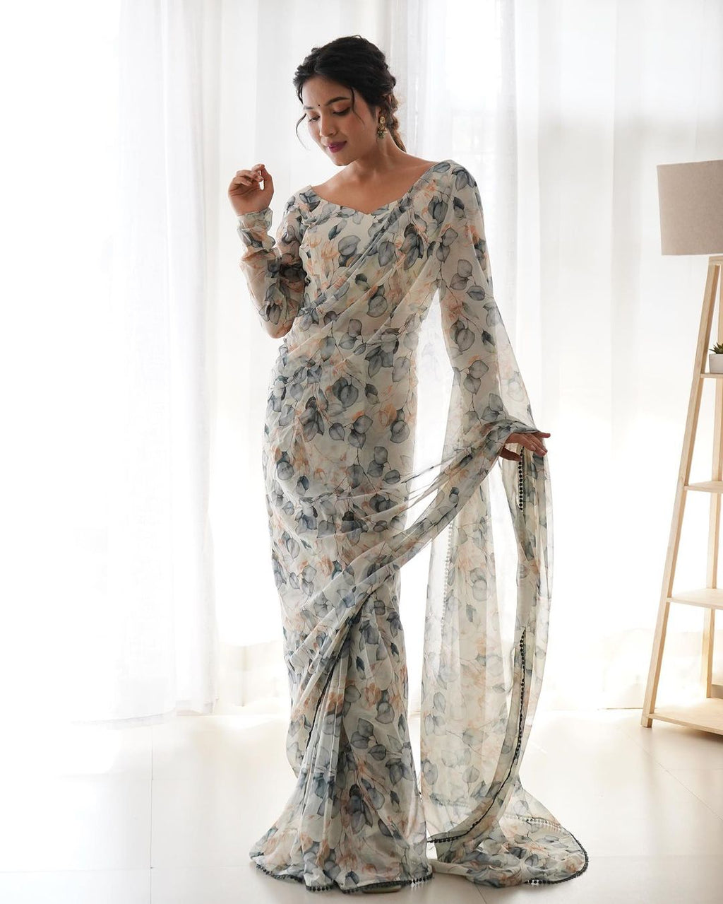 Teeya Creation Grey Color Tabby Silk Fabric ready To Wear Saree