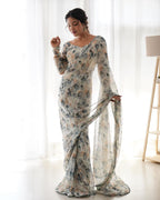 Teeya Creation Grey Color Tabby Silk Fabric ready To Wear Saree