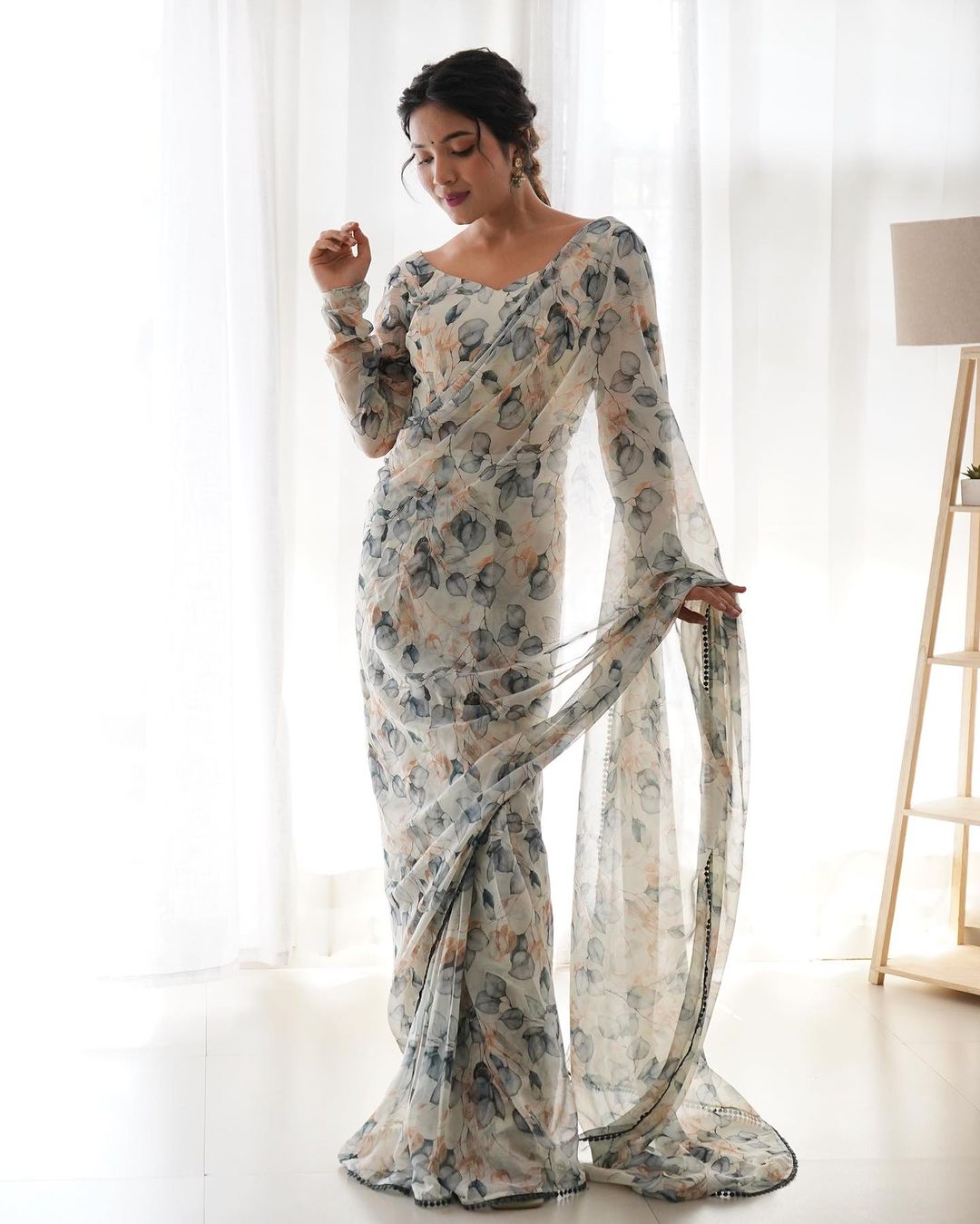 Teeya Creation Grey Color Tabby Silk Fabric ready To Wear Saree