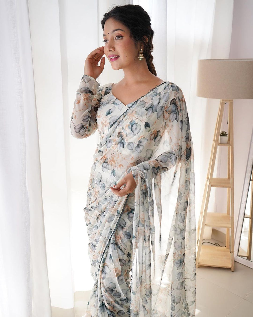 Teeya Creation Grey Color Tabby Silk Fabric ready To Wear Saree