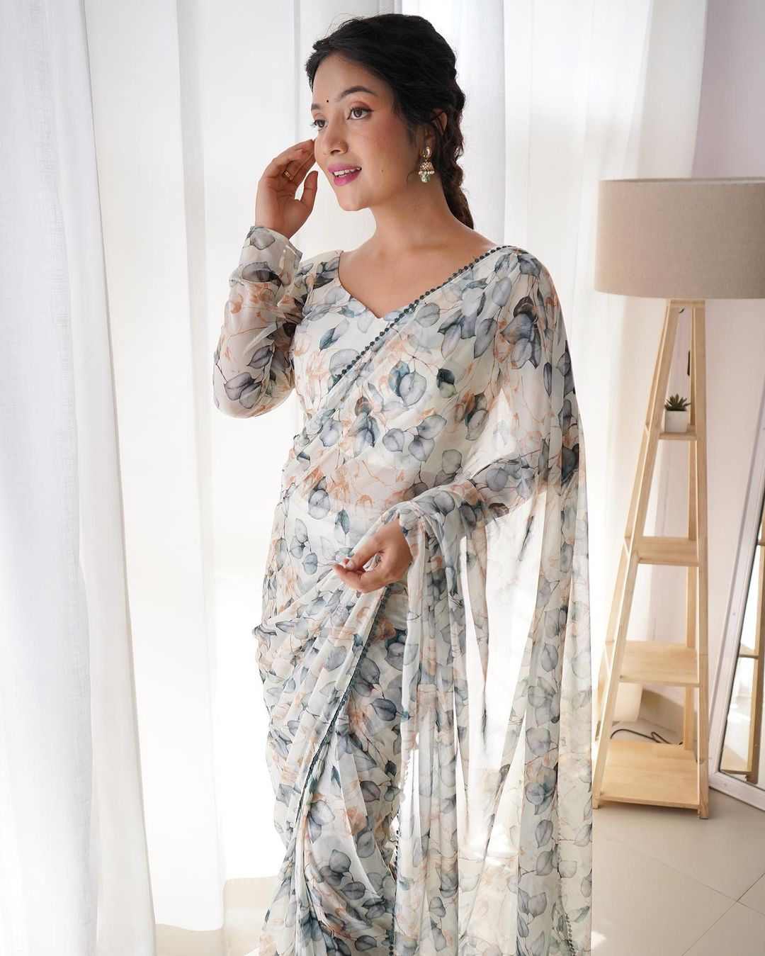 Teeya Creation Grey Color Tabby Silk Fabric ready To Wear Saree