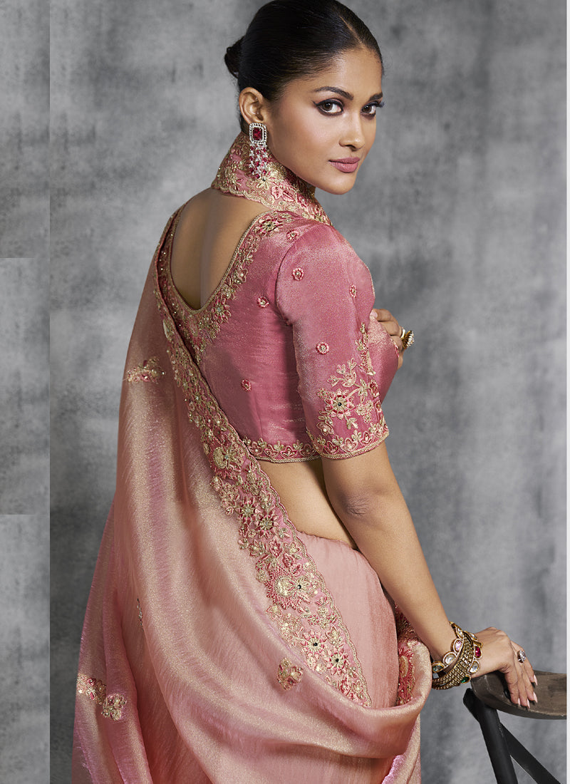 Vegaa Fashion Peach Silk Embroidered Wedding Wear Saree
