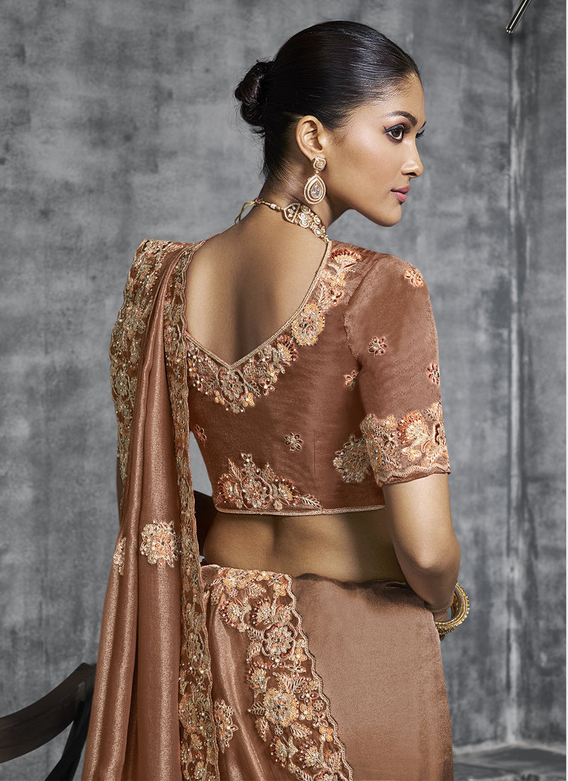 Vegaa Fashion Brown Embroidered Wedding Wear Saree