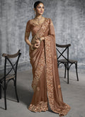 Vegaa Fashion Brown Embroidered Wedding Wear Saree