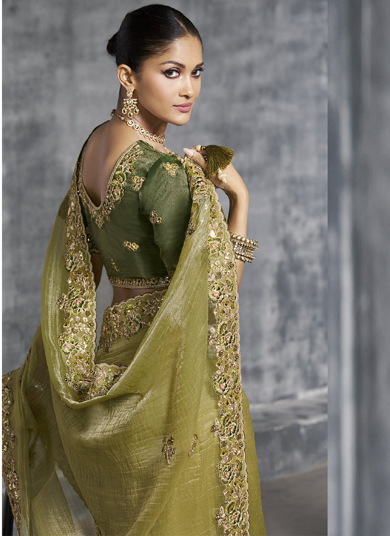 Vegaa Fashion Mehendi Silk Embroidered Wedding Wear Saree