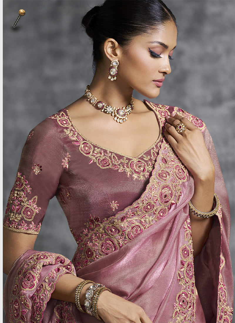 Vegaa Fashion Pink Art Silk Embroidered Wedding Wear Saree