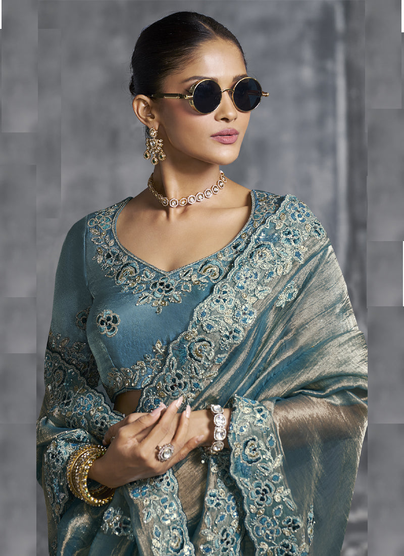 Vegaa Fashion Turquoise Silk Embroidered Wedding Wear Saree - Distacart