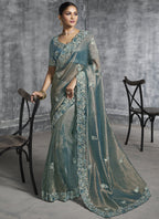 Vegaa Fashion Turquoise Silk Embroidered Wedding Wear Saree - Distacart