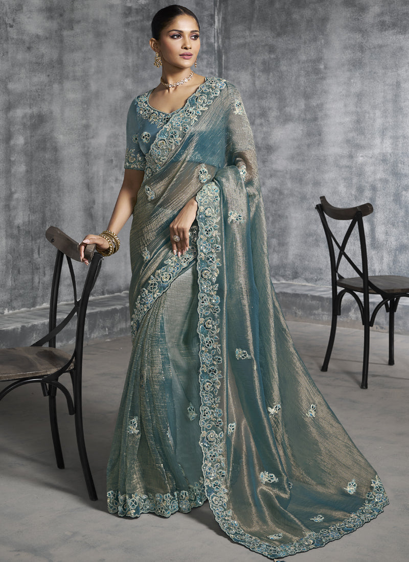 Vegaa Fashion Turquoise Silk Embroidered Wedding Wear Saree - Distacart
