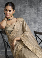 Vegaa Fashion Beige Art Silk Embroidered Wedding Wear Saree