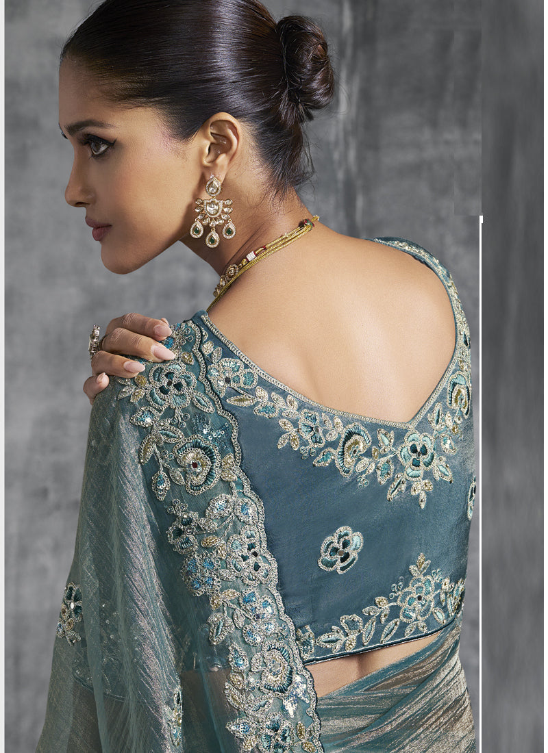 Vegaa Fashion Turquoise Silk Embroidered Wedding Wear Saree - Distacart