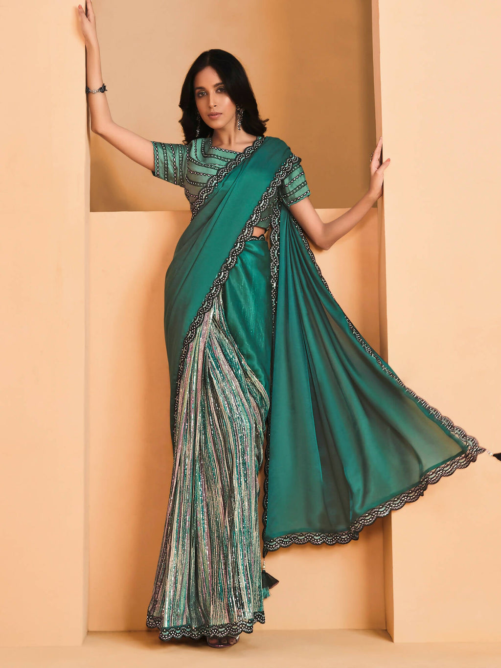 Sea Green Satin Crepe Silk Sequence Embroidered Saree With Unstitched Blouse - Mohmanthan Yavanika