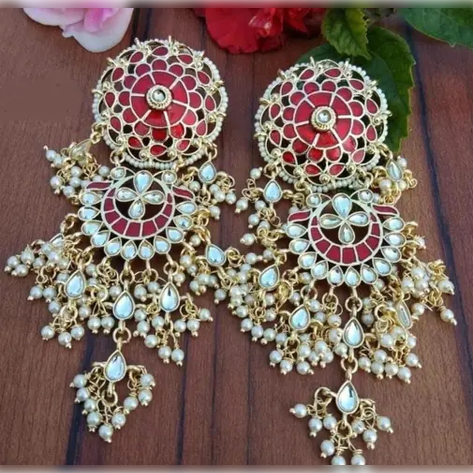 Jewel City Exquisite Polki Kundan Stone and Pearl Earrings - Regal Ethnic Bridal Jewelry - Distacart