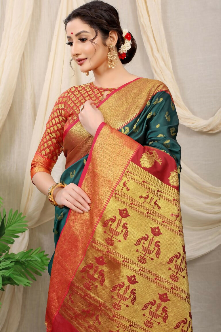 Jyoti Fashion Women's Bottle Green Banarasi Silk Zari Woven Saree with Blouse