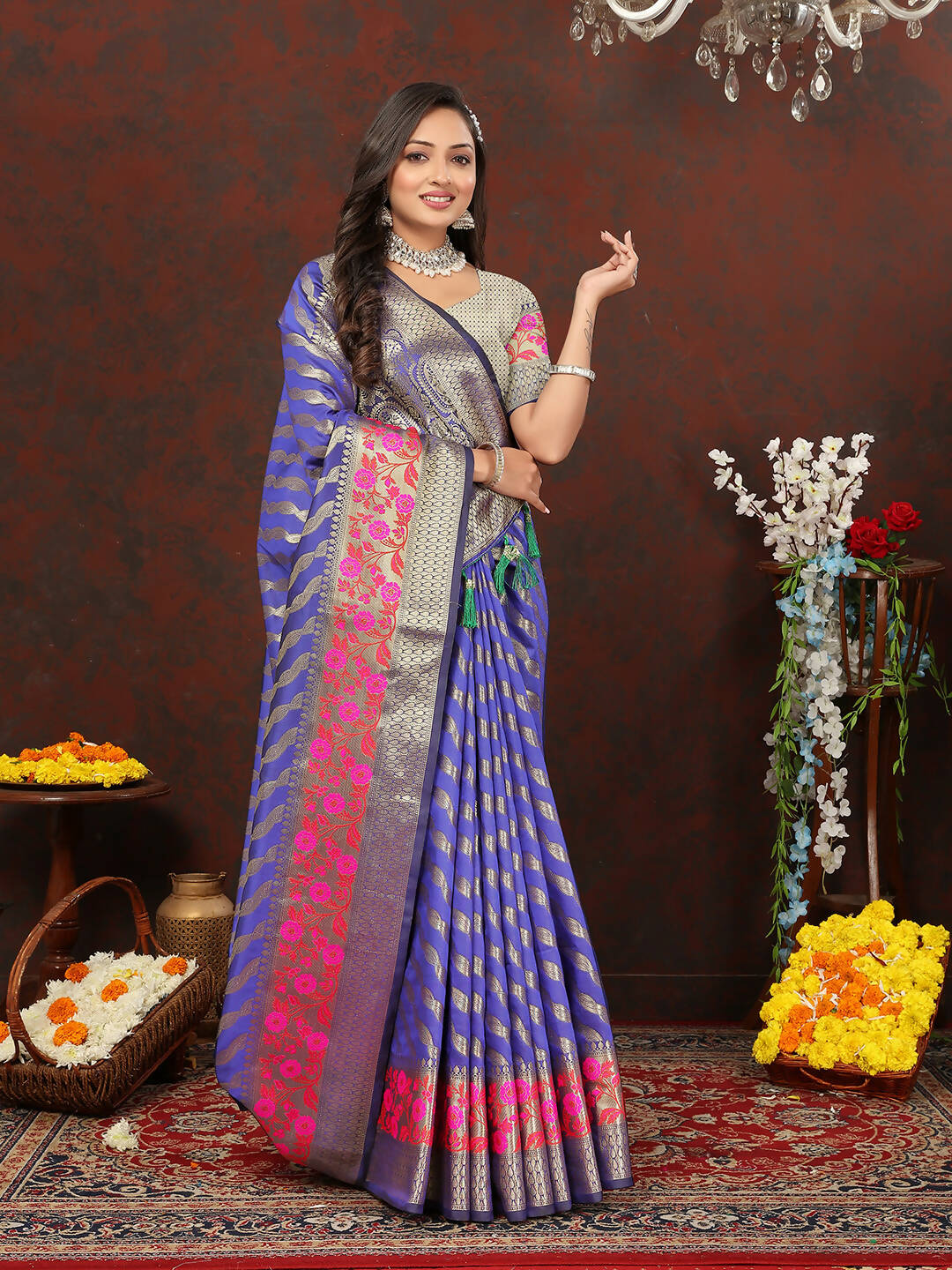 Lorenvalley Fashion Purple Soft Silk Woven Design with Zari Weaving Leheriya Design Saree