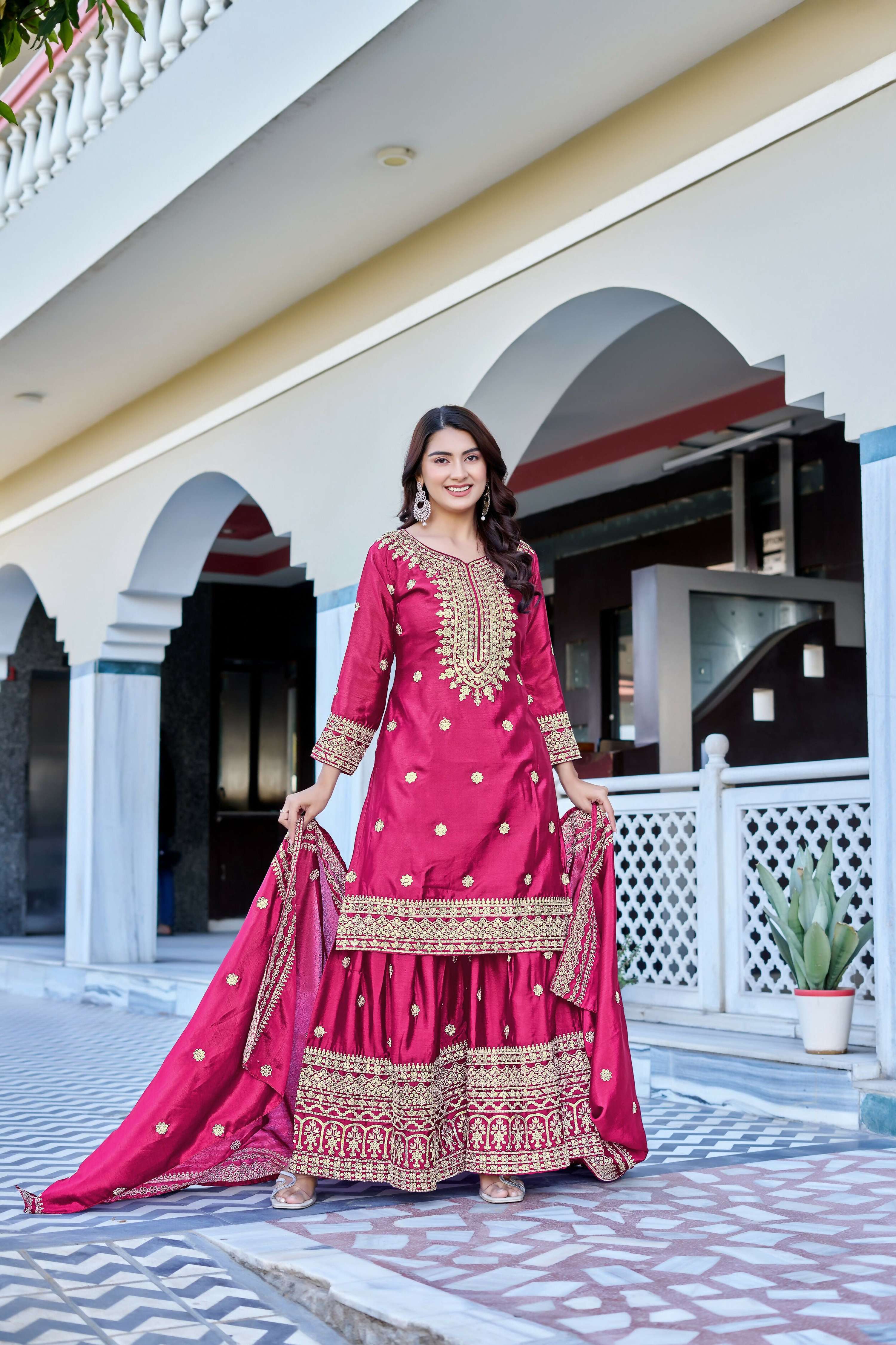 Teeya Creation Pink Color Chinon Silk Heavy Embroidery Work Wedding Wear Sharara - Distacart
