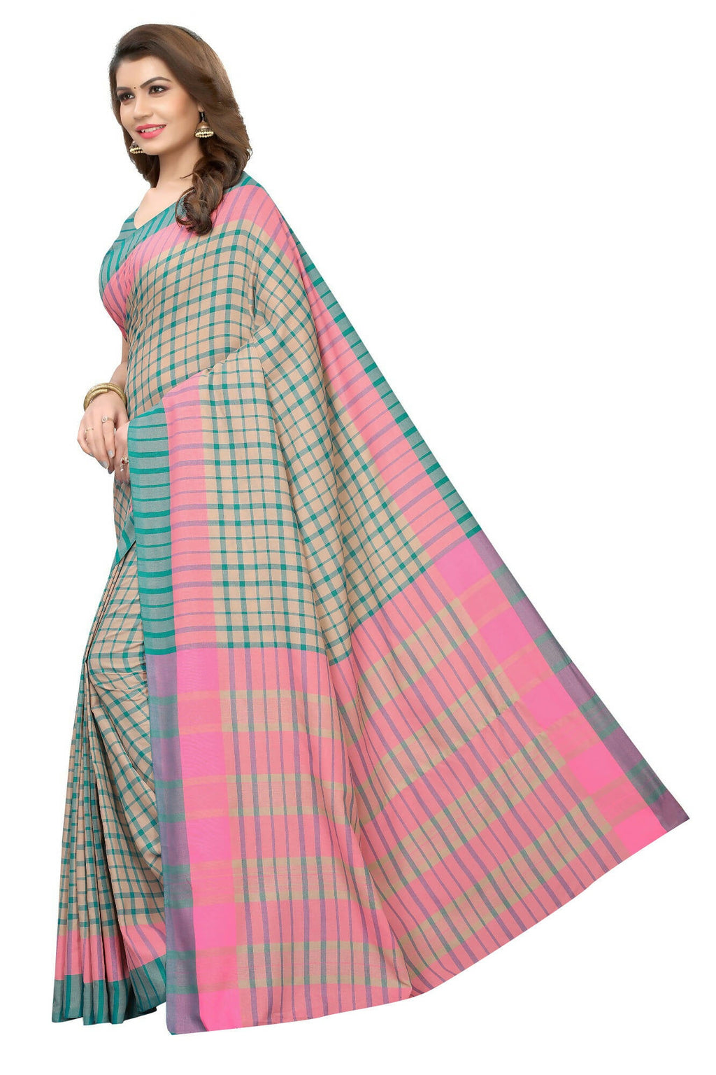 Vamika Cream Cotton Silk Weaving Saree (Terra Checks Rama) - Distacart