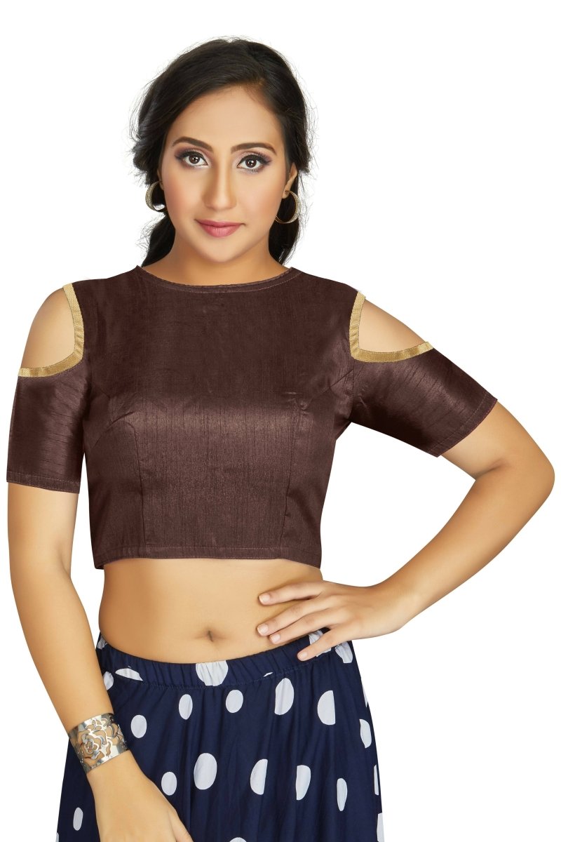 Aastha Fashion Women's Coffee Art Silk Cold Shoulder Sleeve Readymade Blouse