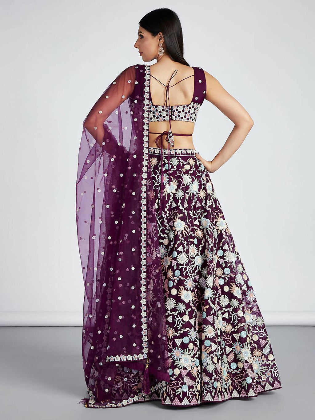House of Panchhi Burgundy Net heavy Sequinse embroidery Semi-Stitched Lehenga choli & Dupatta