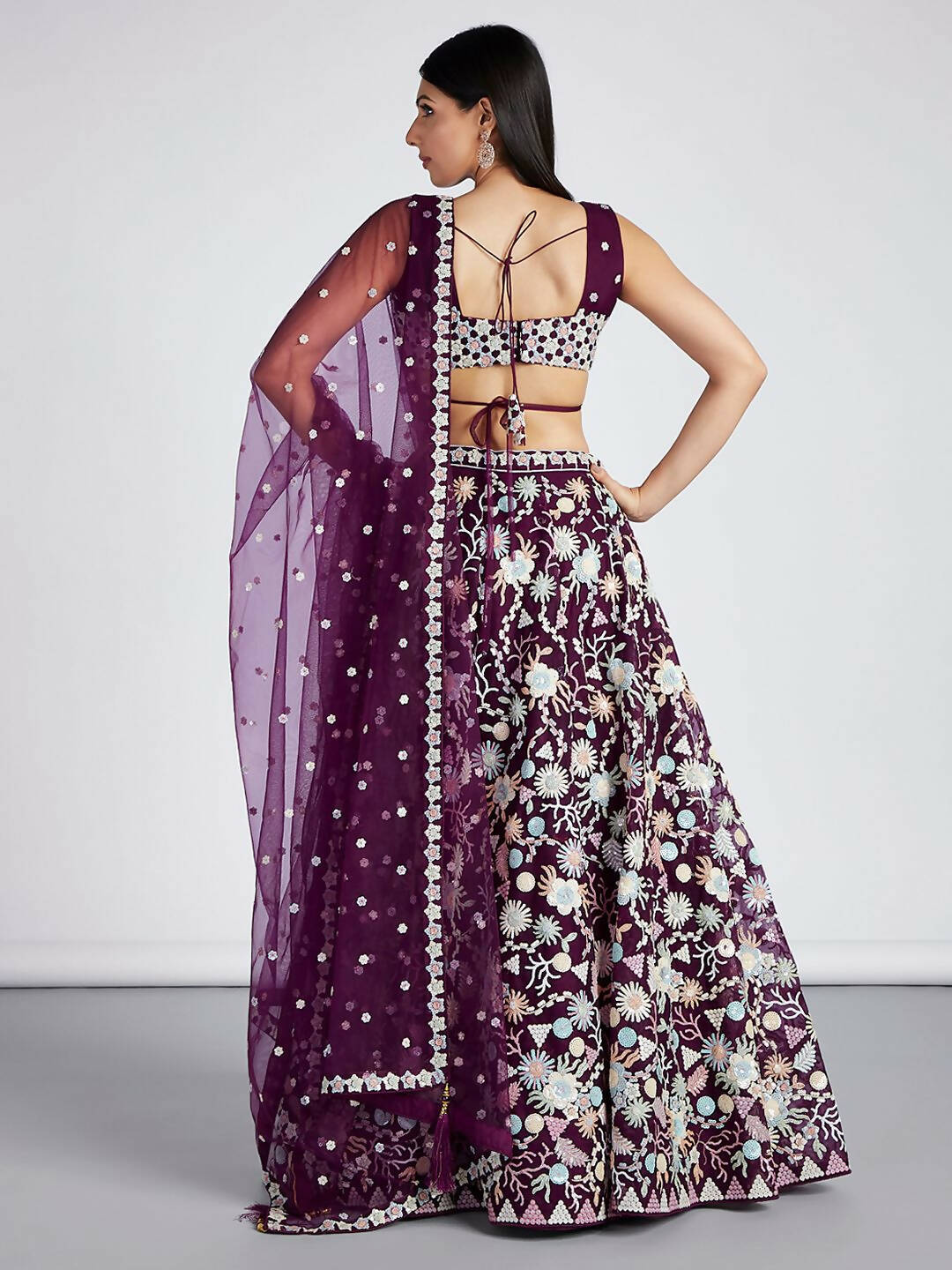 House of Panchhi Burgundy Net heavy Sequinse embroidery Semi-Stitched Lehenga choli & Dupatta