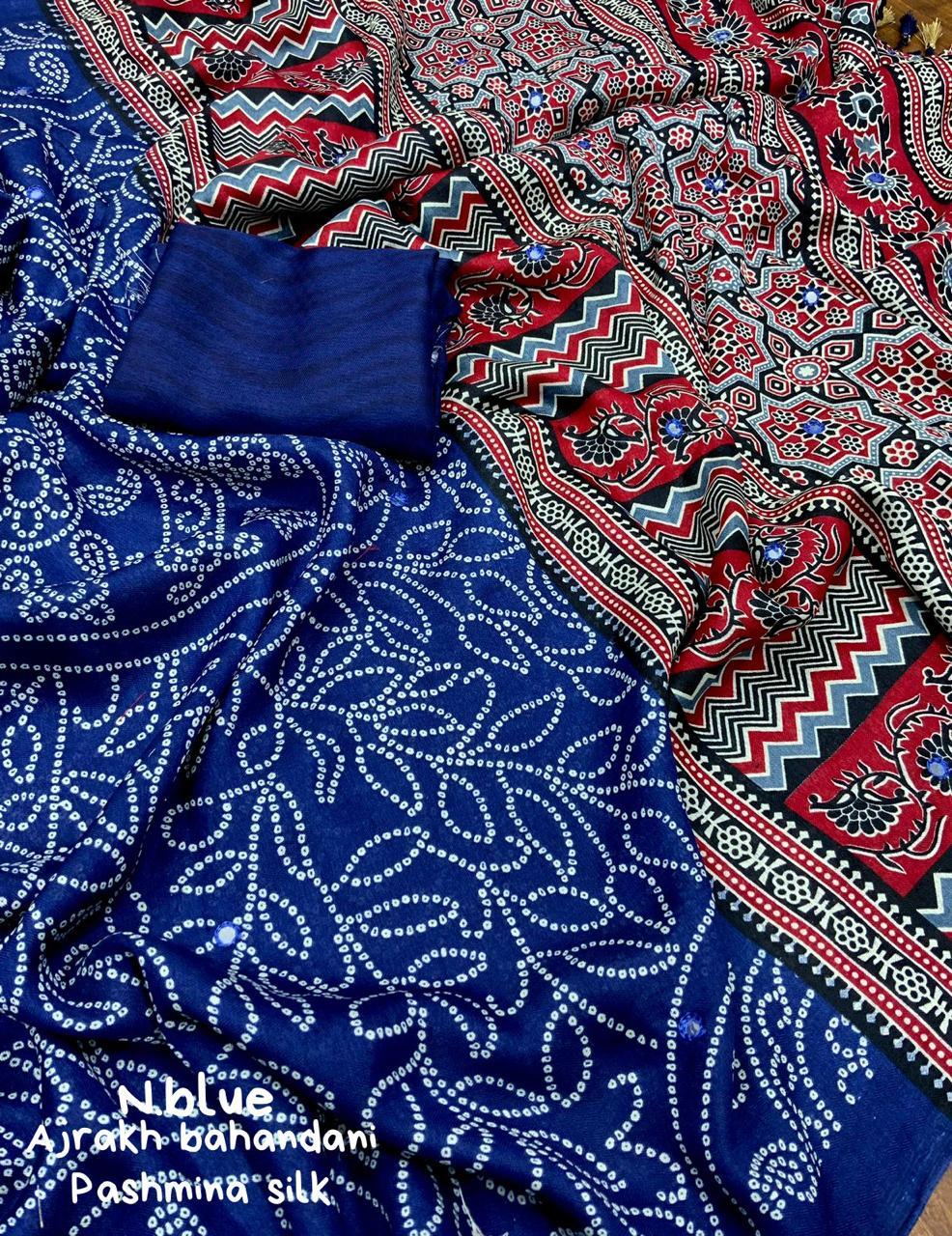 Blue Silk Blend Ajrak Saree with Unstitched Blouse - Hiral Fashion