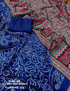 Blue Silk Blend Ajrak Saree with Unstitched Blouse - Hiral Fashion