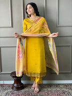 Partywear Designer Chanderi Mustard Stitched Suit With Dupatta - Tanisha