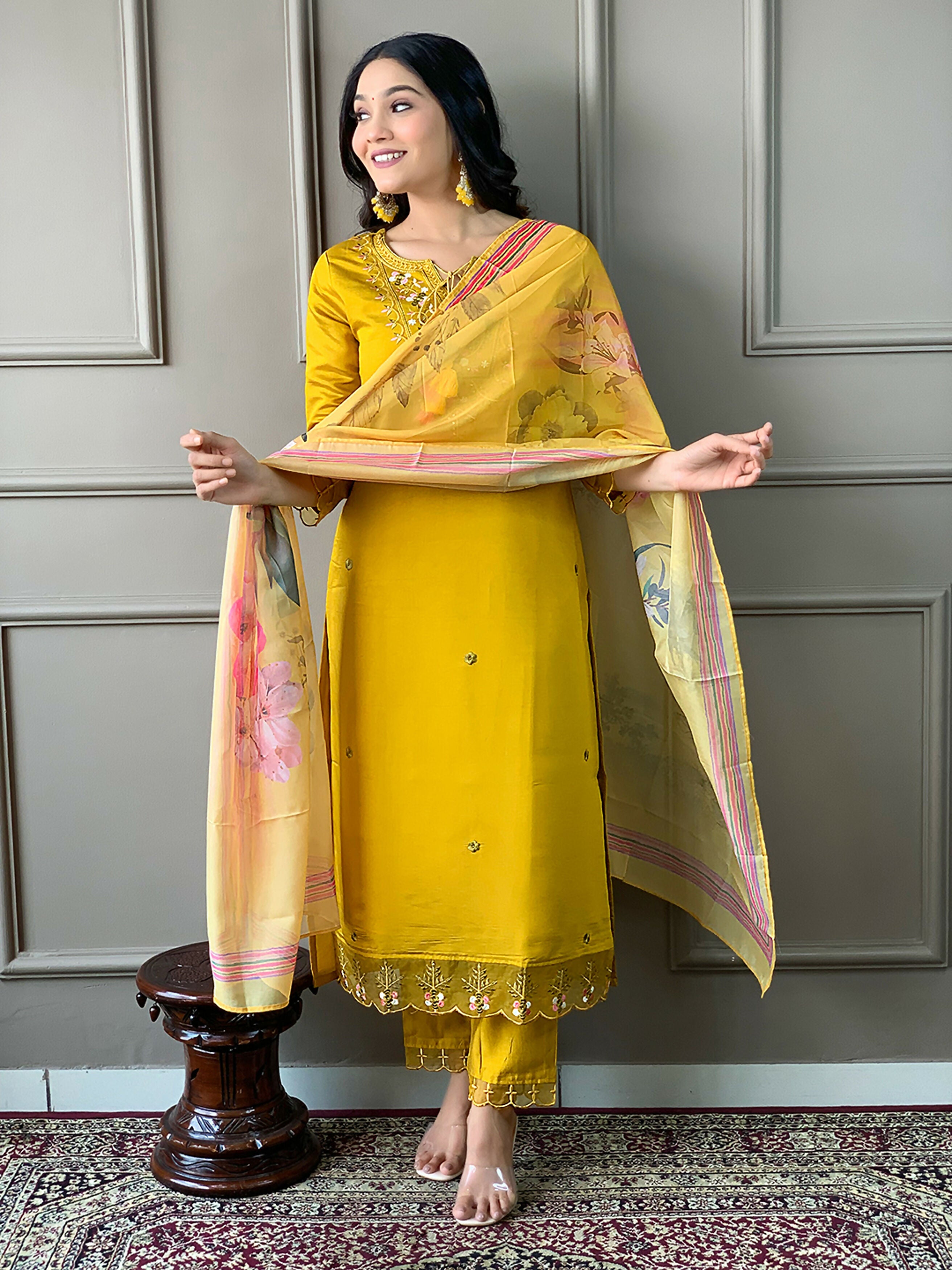 Partywear Designer Chanderi Mustard Stitched Suit With Dupatta - Tanisha
