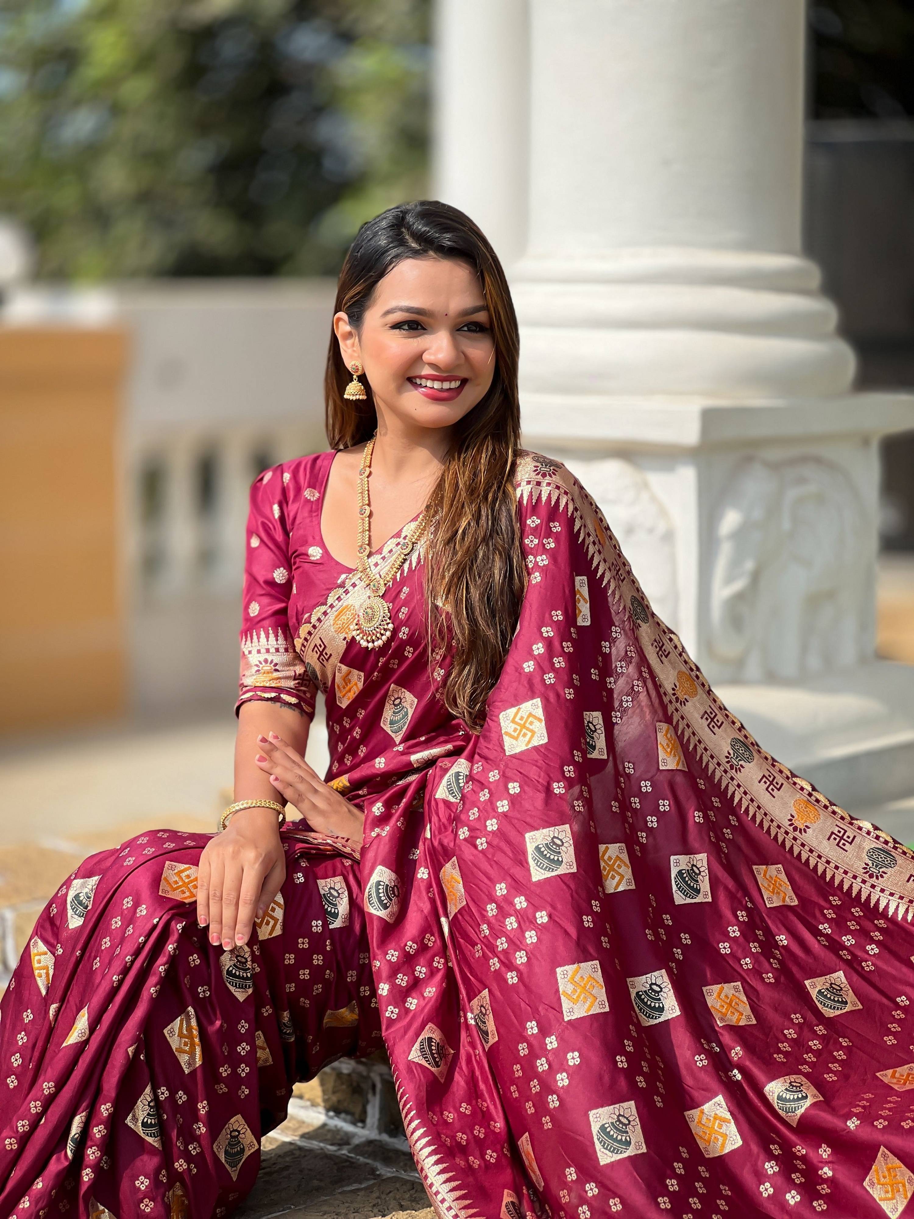 Vedant Vastram Soft Dola Silk Fancy Jacquard Bollywood Saree - Maroon