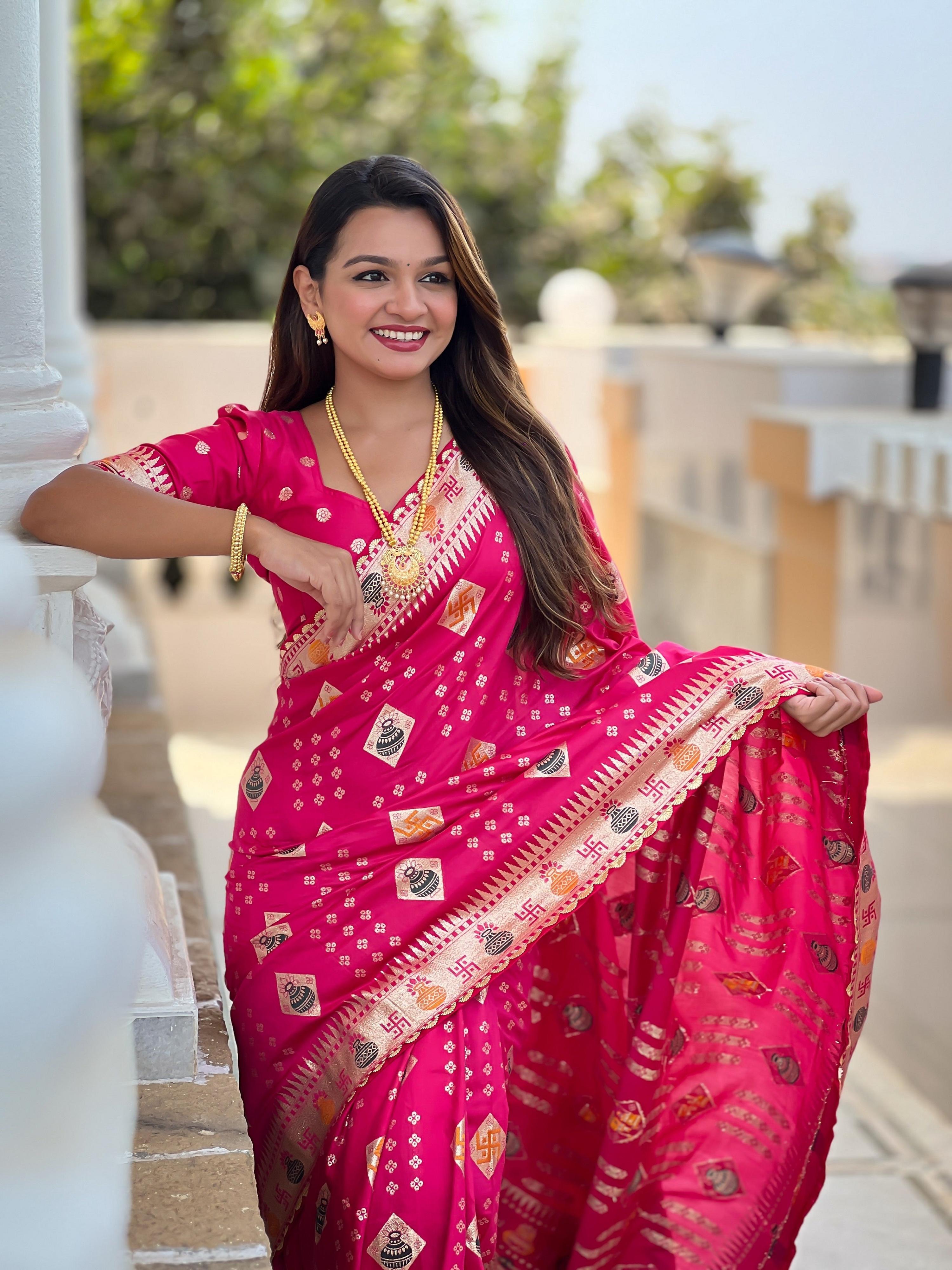 Vedant Vastram Soft Dola Silk Fancy Jacquard Bollywood Saree - Pink