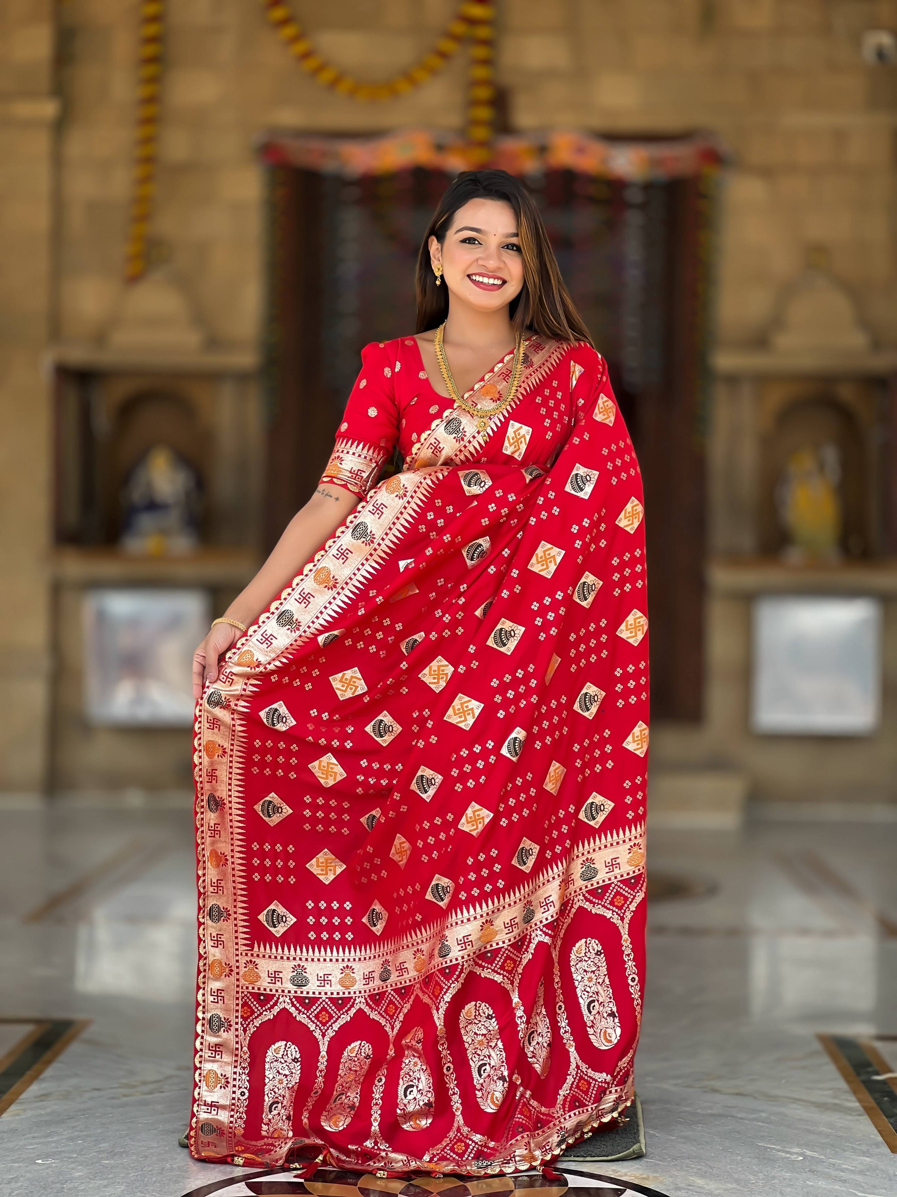 Vedant Vastram Soft Dola Silk Fancy Jacquard Bollywood Saree - Red