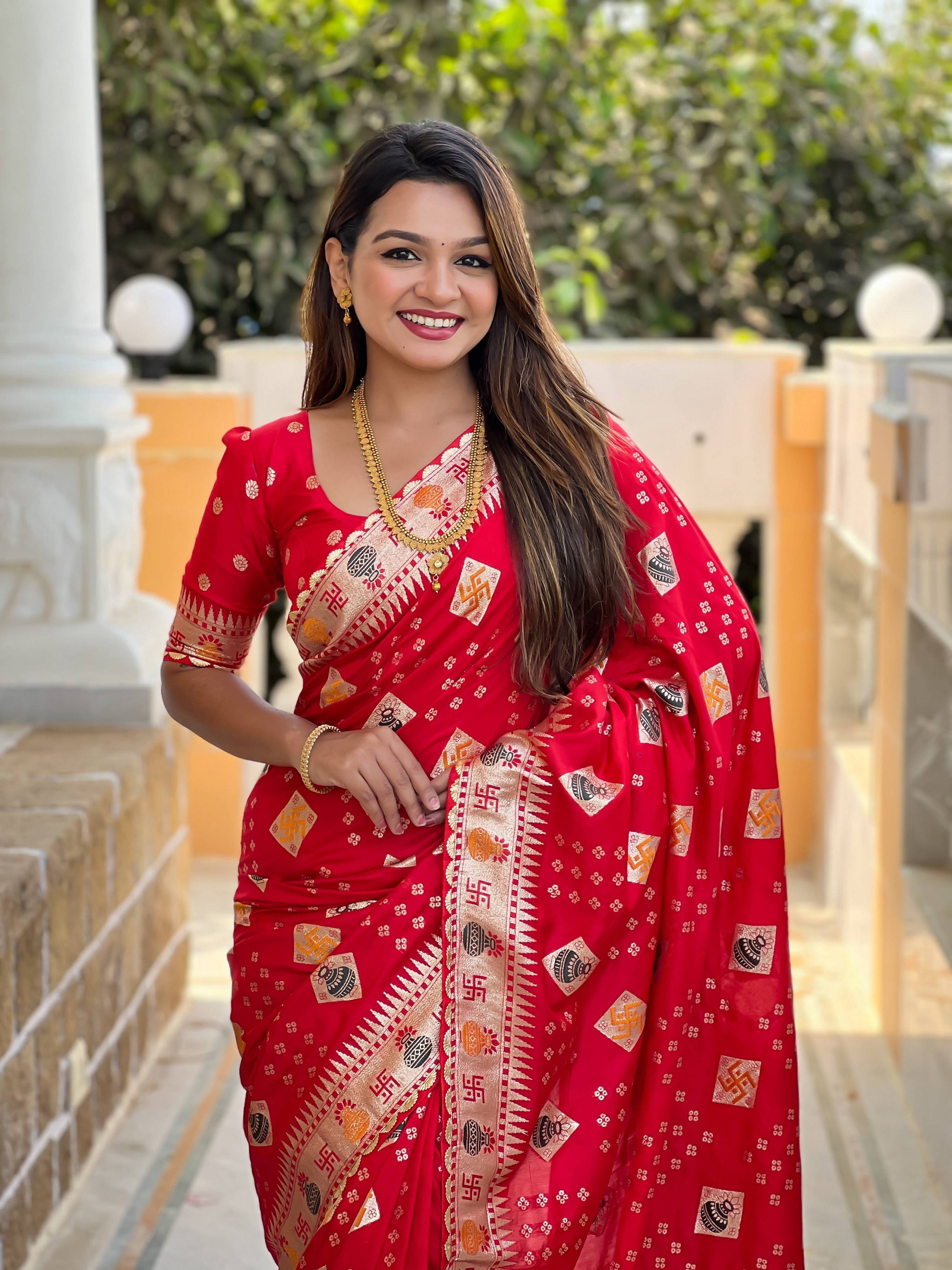 Vedant Vastram Soft Dola Silk Fancy Jacquard Bollywood Saree - Red