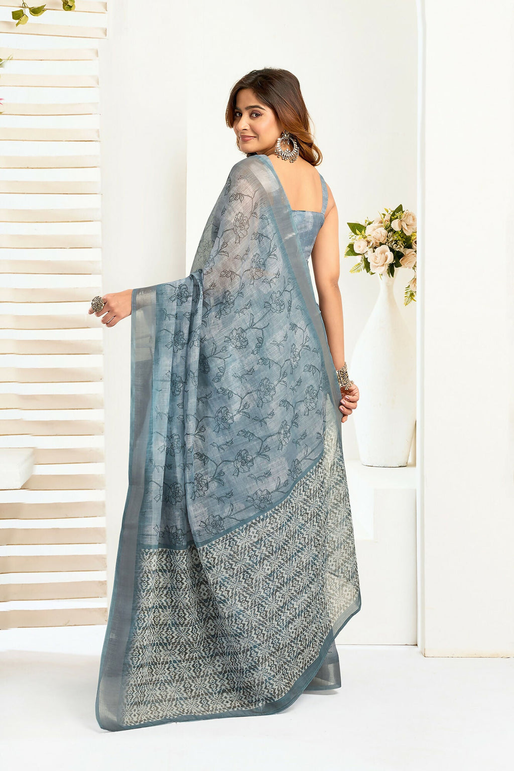 Vastranavya Sea Blue Digital Printed Linen Ready To Wear Designer Saree with Unstitched Blouse - Distacart