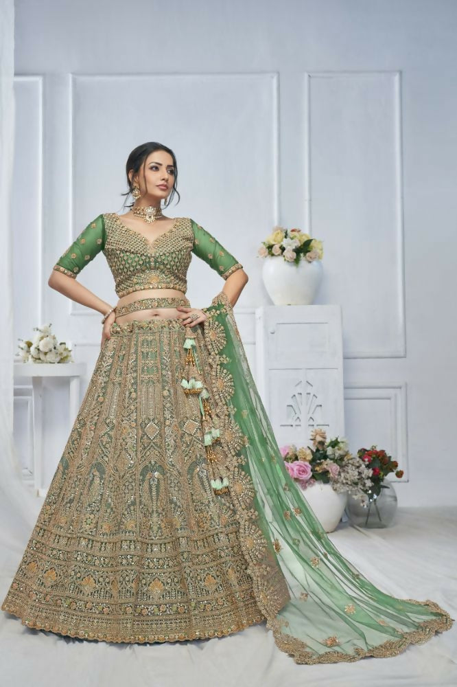 Kesar Fab Green Net Embroidered Lehenga
