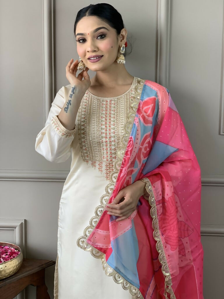 White Viscose Chanderi Stitched Suit With Dupatta - Tanisha