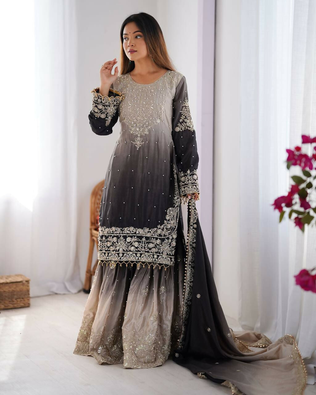 The52 Women's Beautiful Chinon silk Fabric Embroidery Work Straight Kurta Palazzo and Dupatta Set - Distacart