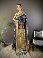 Joban Fashion Navy Blue Zari Woven Floral Motifs Soft Silk Paithani Silk Saree - Distacart